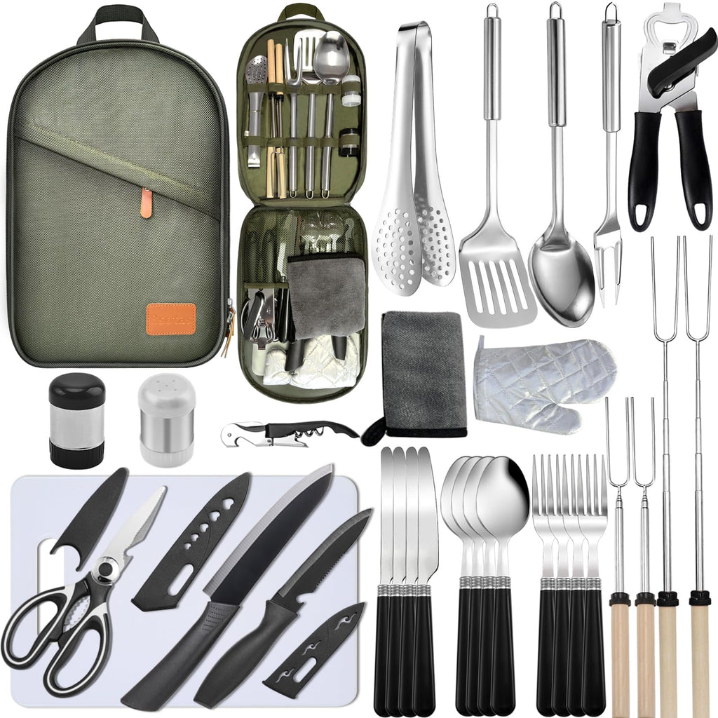 Iron Trail Supply Camping Cooking Set- 31 Pcs Camping Utensils Camping Essentials Camping Gear for Camp Kitchen Cooking and Grilling Portable Outdoor Cooking Travel Set for RV Tent Camper BBQs Camping Accessories