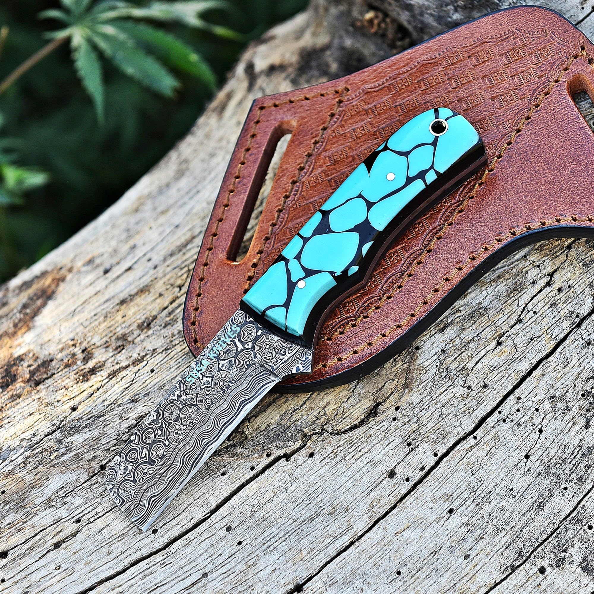 SUSA KNIVES Handmade Damascus steel Bull cutter knife cowboy knives with pancake leather sheath (FAROZI)