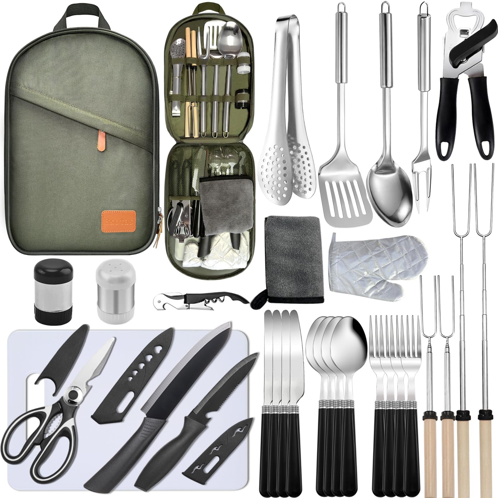 Iron Trail Supply Camping Cooking Set- 31 Pcs Camping Utensils Camping Essentials Camping Gear for Camp Kitchen Cooking and Grilling Portable Outdoor Cooking Travel Set for RV Tent Camper BBQs Camping Accessories