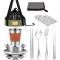 Camping Mess Kit - 1 to 2 Persons Camping Dishes Includes Cups Bowls Dishes Knives Forks Spoons Etc Camping Cutlery Set with Mesh Bag is Easy to Carry for Backpacking Camping Hiking and Picnics