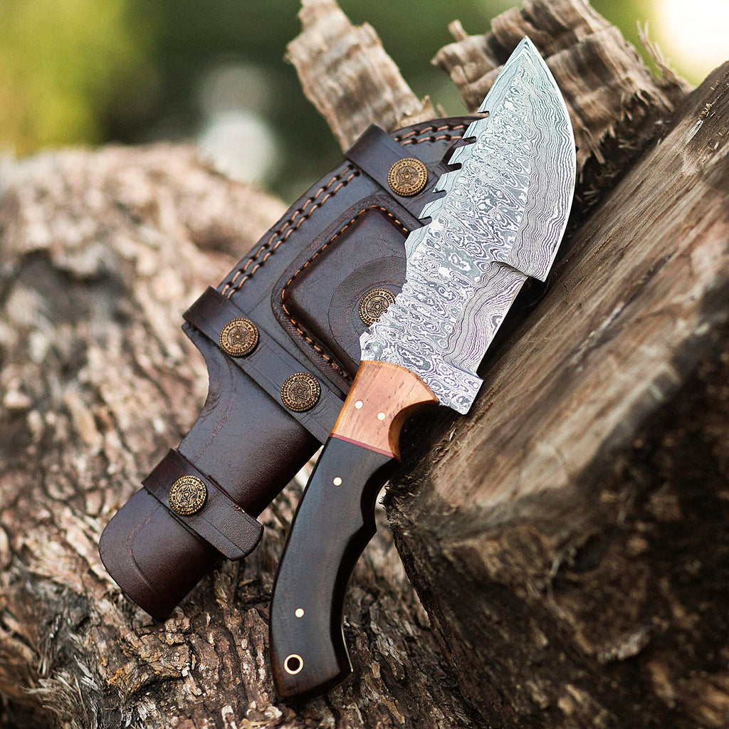 SUSA KNIVES Handmade Damascus Tracker Knife 10 Inches - Survival Knife - Camping Knife - Damascus Steel Knife - Hunting Knife with Sheath Horizontal Carry Fixed Blade Knife (BROWN)