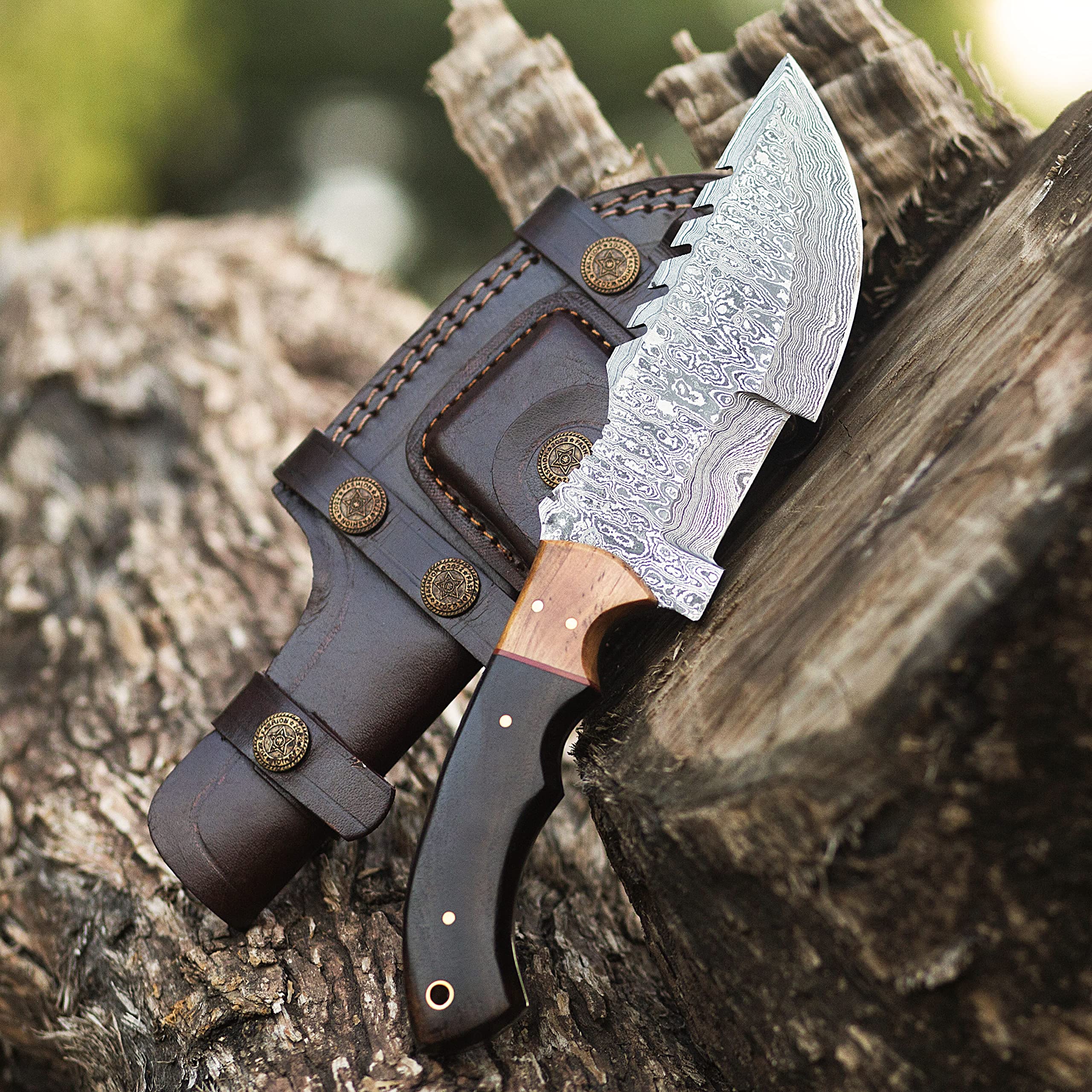 SUSA KNIVES Handmade Damascus Tracker Knife 10 Inches - Survival Knife - Camping Knife - Damascus Steel Knife - Hunting Knife with Sheath Horizontal Carry Fixed Blade Knife (BROWN)